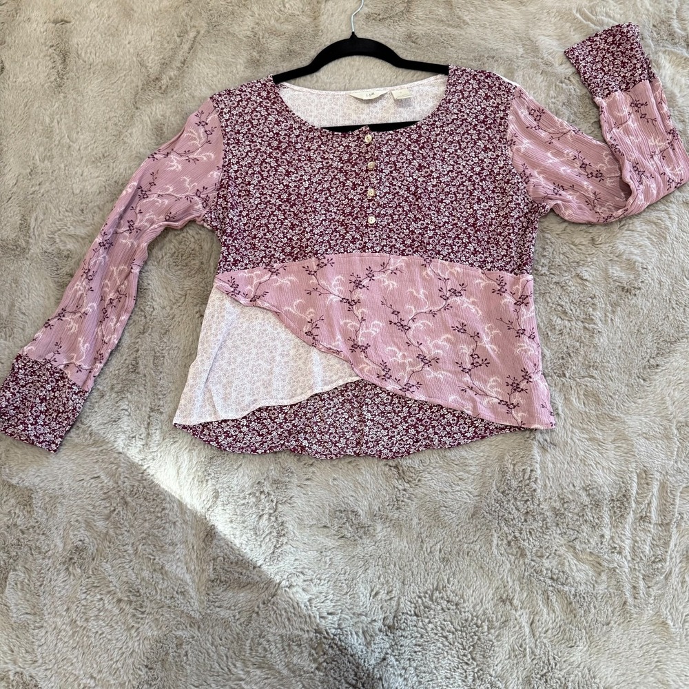 J. Jill Womens Mauve Floral Patchwork Blouse Size Small Boho Layered Cottagecore